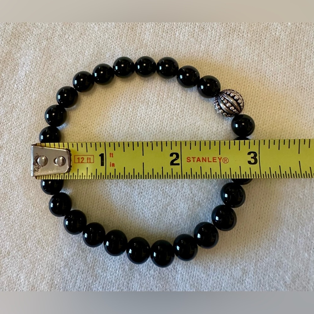 Black Beaded Stretch Bracelet with Silver Accent | Elegant Women’s Jewelry - Picture 4 of 5